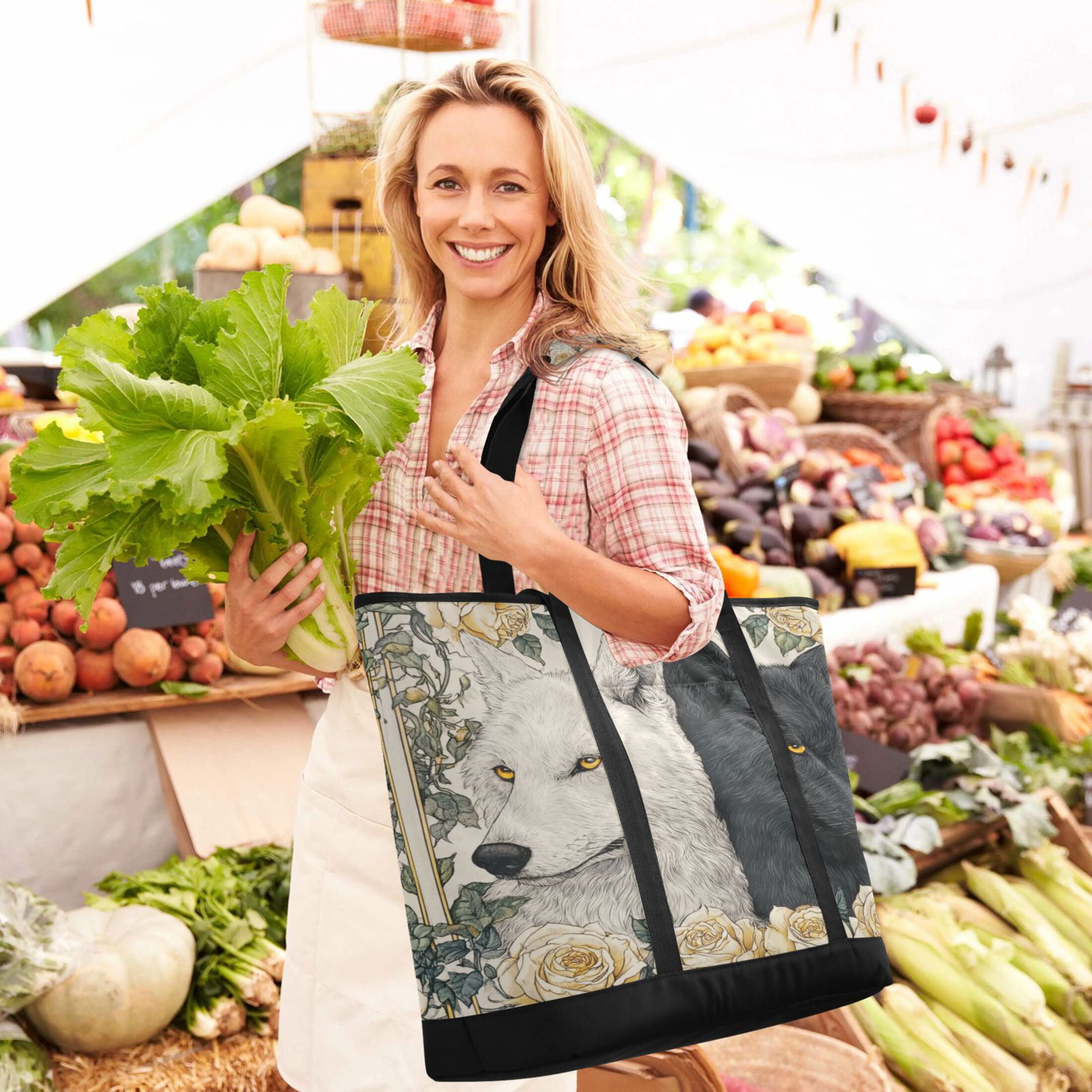 Extra-Large Wide Opening Design Capacity Hand-Held Ice Pack Thickened Insulation Layer For Long-Lasting Cold Retention For Outdoor Shopping Picnics And Camping Two Black and White Wolves