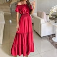 thumbnail image 2 of SMihono Fashion Women's Bohemian Off The Shoulder Dress Casual Ruffle A Line Tiered Maxi Dresses Smocked Beach Sundress Red S, 2 of 9