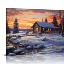JRXY  Blue Winter Rustic Wall Art Home Decor Canvas Printed Cabin Picture Living Dining Room Decorations Fashion Framed 20x16in