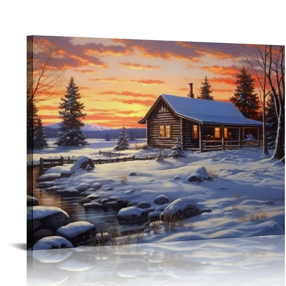 JRXY  Blue Winter Rustic Wall Art Home Decor Canvas Printed Cabin Picture Living Dining Room Decorations Fashion Framed 20x16in