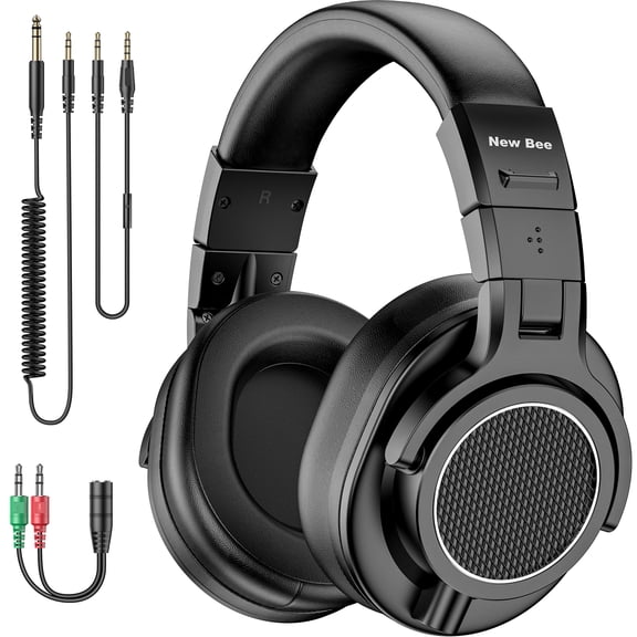 New Bee DH81 Hi-Res Studio Headphones Wired Over Ear, 50mm Drivers, 3.5mm & 6.35mm Jacks, Detachable Cable, Foldable Lightweight with Mic for Music Recording, DJ, Gaming, Piano & PC