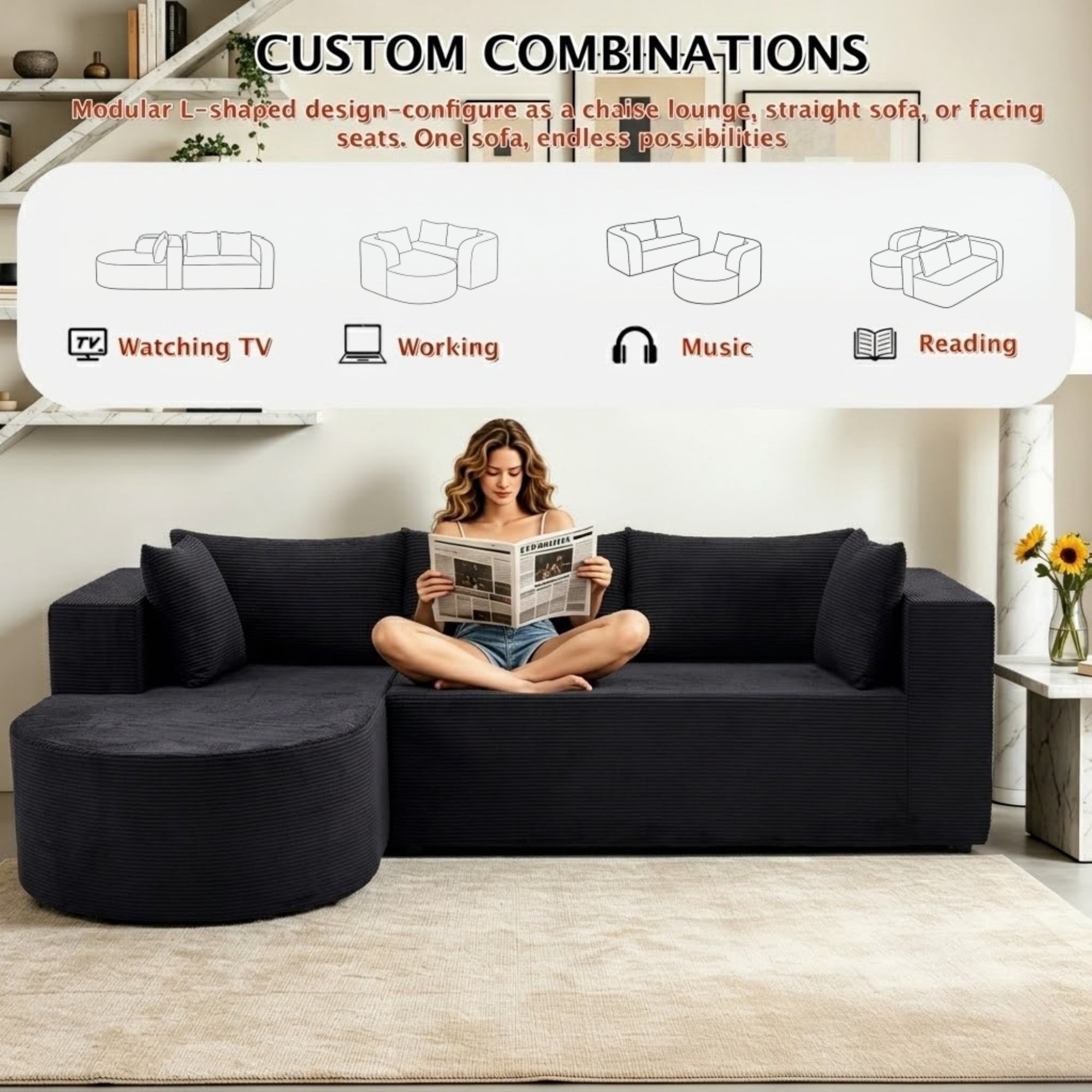 ShiKeyi 105" Modular L-Shaped Cloud Sofa, 3-Seater Corduroy Sectional Couch with Deep Seats Chaise, Soft Boneless Design for Living Room, Black (Right)