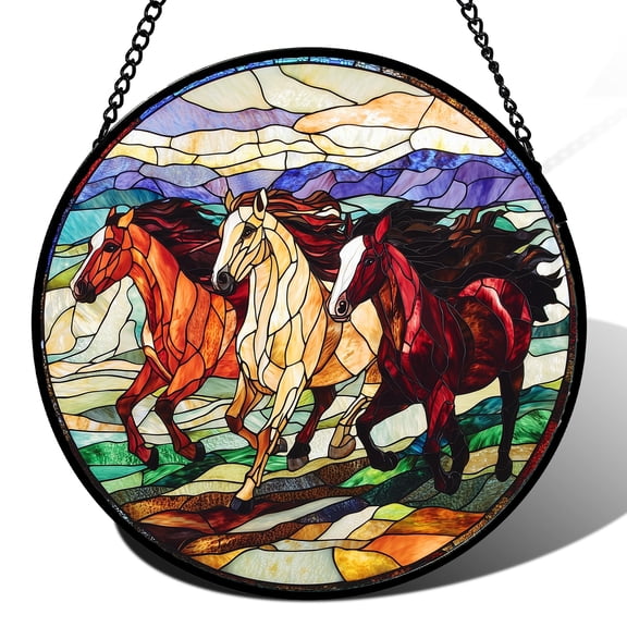 Stained Glass Window Hanging, Colorful Landscape Running Horse Suncatcher for Doors Window Home Sun Catchers Decoration Mother's Day Birthday Gifts for Women, Men, and Mom