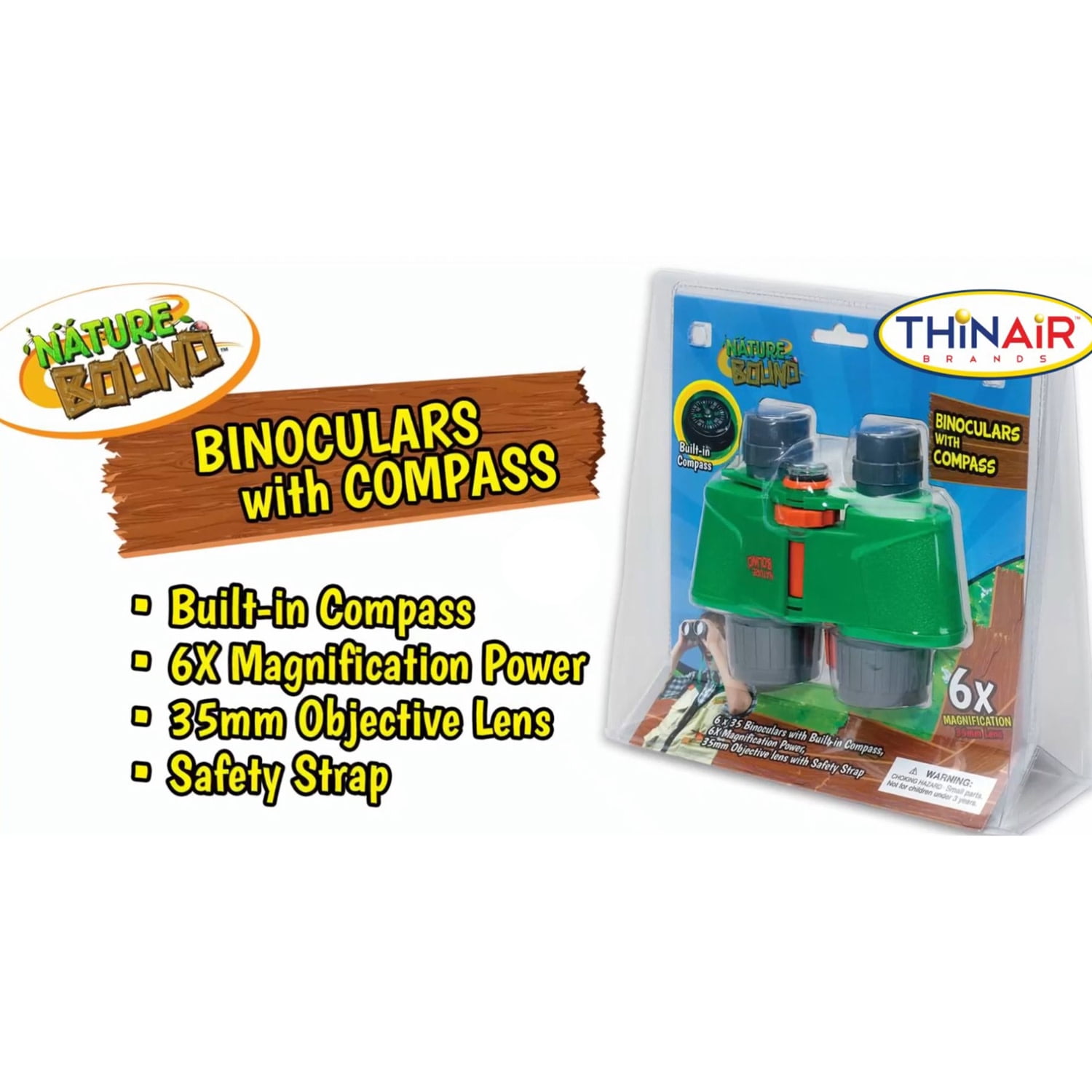 Nature Bound: Binoculars With Built-In Compass - Green - Outdoor Exploration Tool, 6x35 Resolution, 6x Magnification Power, Safety Strap, Toy Kids 3+
