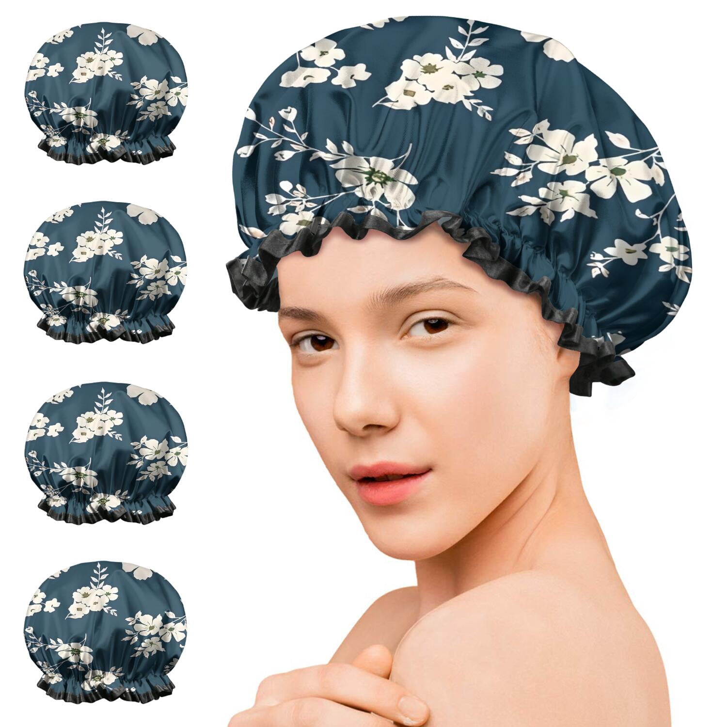 Shower Caps,Pioneer Flower Floral Print Pattern Waterproof Shower Cap for Women 4 Pieces,Double Reusable Hair Cover for Shower PEVA Elastic Stretch Hem