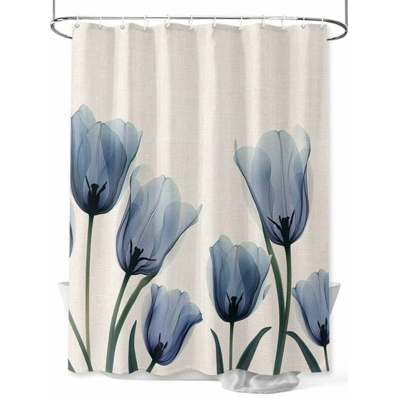 Blue Tulips Shower Curtain, Flowers Minimalist Modern Art Linen Texture Waterproof Shower Curtain Set with 12 Hooks Lightweight Washable Fabric Shower Curtains for Bathroom 72x78 Inches