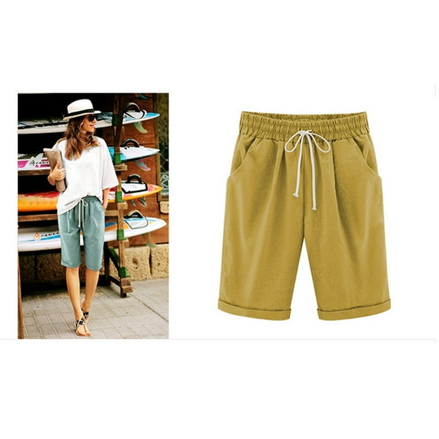 Lenago Shorts d'Été Grande Taille pour Femmes, Cinq Points, Coton Lin, Décontracté, en Solde