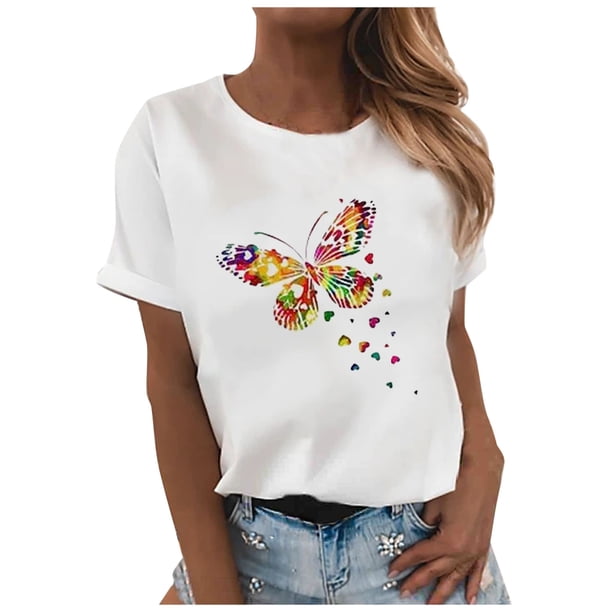 Gibobby Camisetas de verano para mujer Mujer Top Butterfly imprimir O cuello manga corta Casual Blose(Blanco,G)