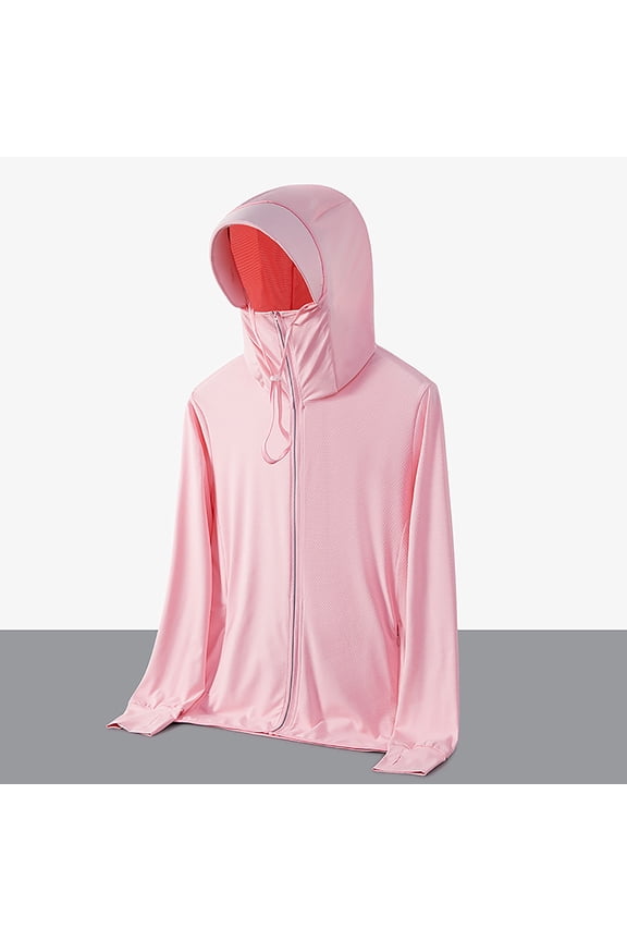 Women's UPF 50+ Lightweight Hooded Sun Protection Jacket, Ice Silk Full Zip Up UV Protection Coat with Face Cover for Hiking and Running