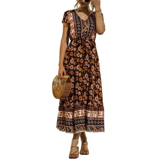 Womens Short Sleeve Boho Long Dress Floral Print Maxi Sundress Summer Casual Dress