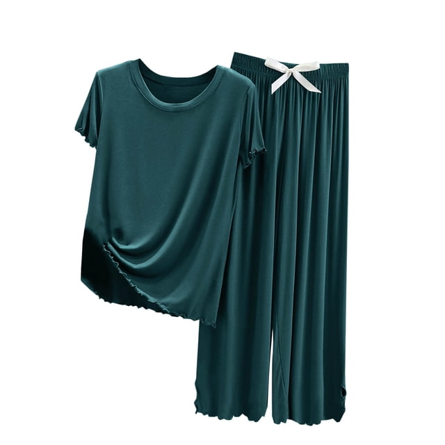 Timegard Ensembles Lounge pour Femmes Pyjamas 2 Pcs T-Shirt à Col Rond Pantalon à Nœud Papillon Tenues d'Été Vêtements d'Intérieur