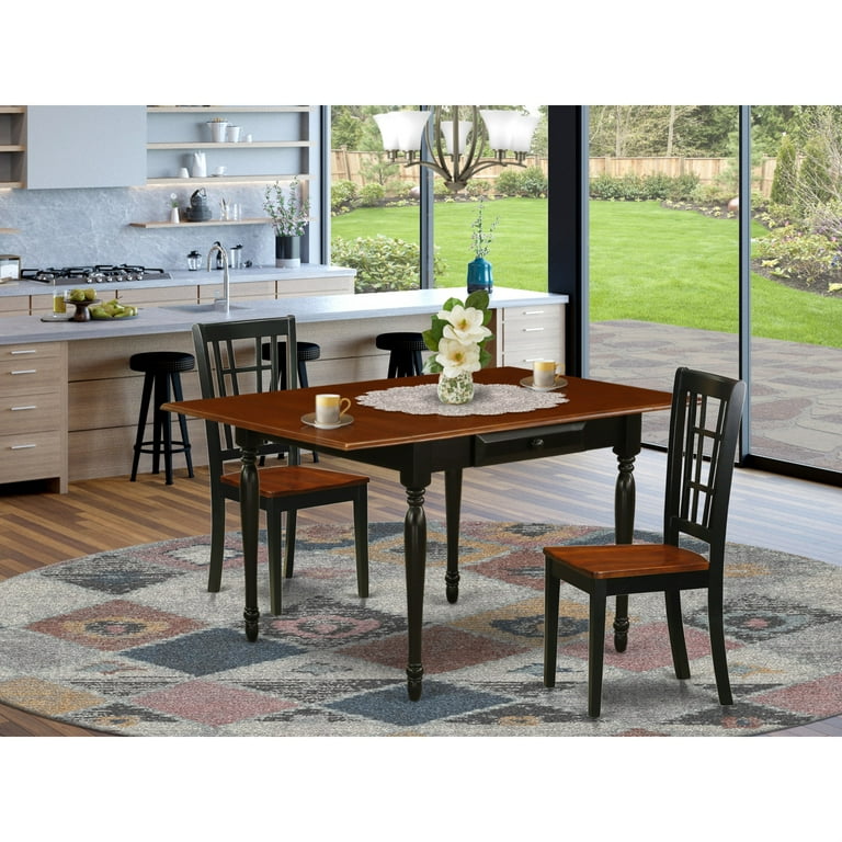 East West Furniture MZNI3 BCH W 3 Pieces Dining Table Set Strong Two 9 Inch Drop Down Leaves Real Wood Table and 2 Real Wood Seat Modern Dining