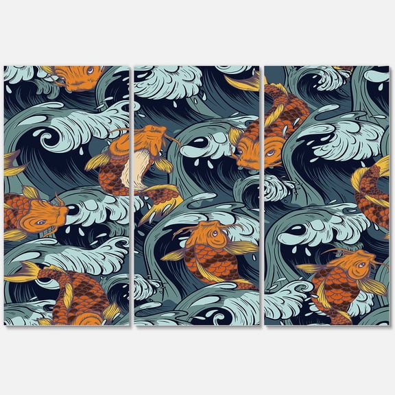 Designart ' Japanese Koi Fish on Sea Waves ' Nautical & Coastal Canvas Wall Art Print