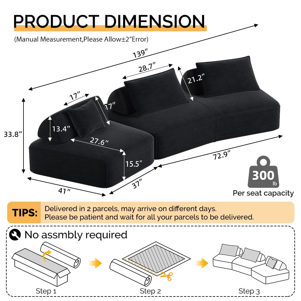 Leumius 139" Oversized Modular Sectional Sofa,DIY Upholstered Fluffy Chenille Sofa with Removable Backrests and Soft Pillows,Deep Seat Couch & Sofa Bed for Living Room,Office,Dark Gray