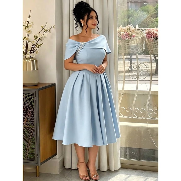 Blue Plus Size Womens Off-Shoulder Asymmetric Dress With Rhinestone Detail, Fit & Flare Midi Evening Gown