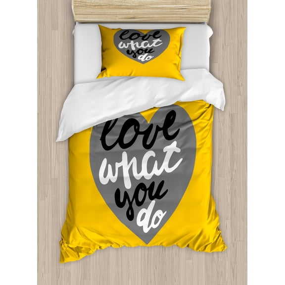 Love What You Do Duvet Cover Set Twin Size, Hand Drawn Greyscale Heart on Yellow Background Modern, Decorative 2 Piece Bedding Set with 1 Pillow Sham, Mustard Grey and Charcoal Grey, by Ambesonne