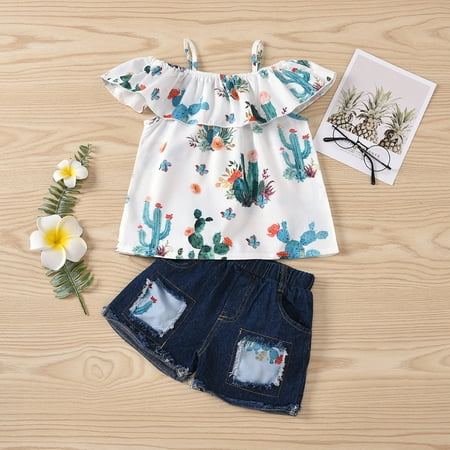 

Clothes for Kids Round Neck Short Sleeve Cactus Top Denim Casual Shorts Set