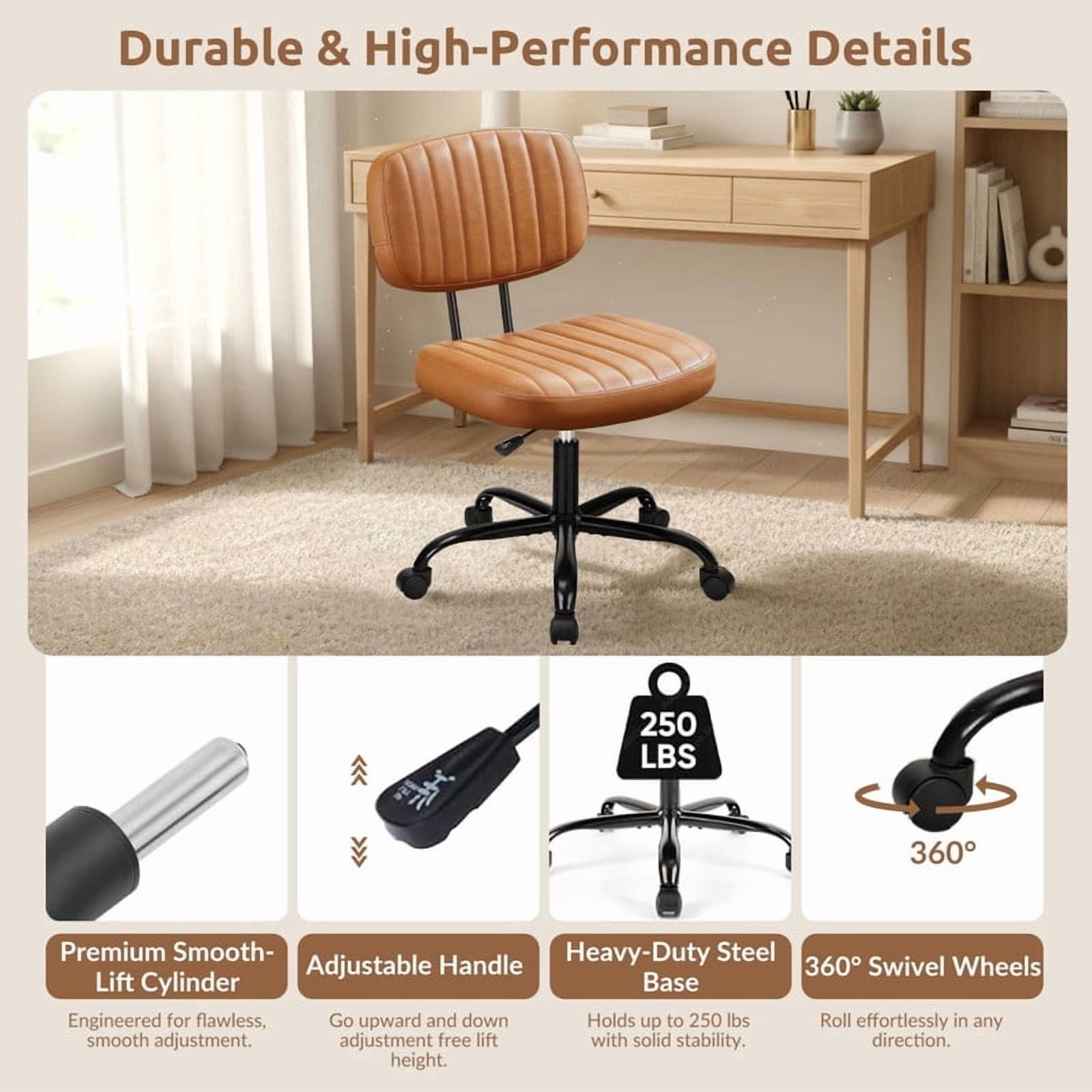 Kelno Armless Desk Chair Height Adjustable Swivel Rolling PU Leather Task Chair with Lumbar Support, Brown