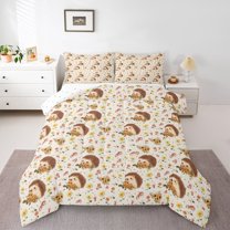 Homewish Cartoon Hedgehog Full Size Comforter Sets 3-Piece for Kids Children Teens,Chic Flowers Bedding Comforter Set,Kawaii Animal Lightweight Bedding Sets,Ultra Soft Home Decor,Reversible