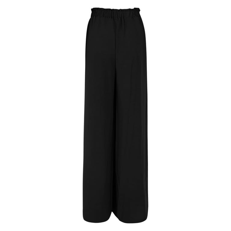 Women Boho Pleated Wide Leg Pants Solid Ruffle Bow Tie Elastic High Waist  Split Flowy Culottes Palazzo Dress Pants Office Beach(L,Brown)
