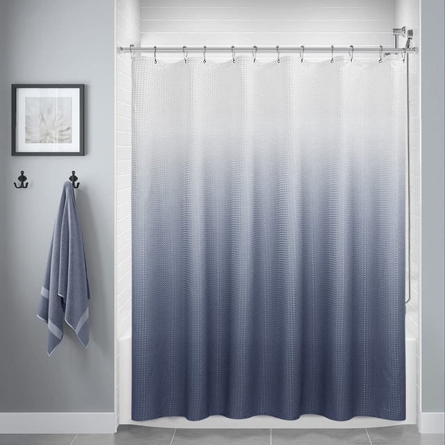 Rideau de Douche en Tissu Texturé, Rideaux de Douche en Polyester Ombré pour Salle de Bain, Doublure de Rideau de Douche Imperméable avec 12 Crochets, Lavable en Machine (72 x 72 Pouces, Bleu Encre)