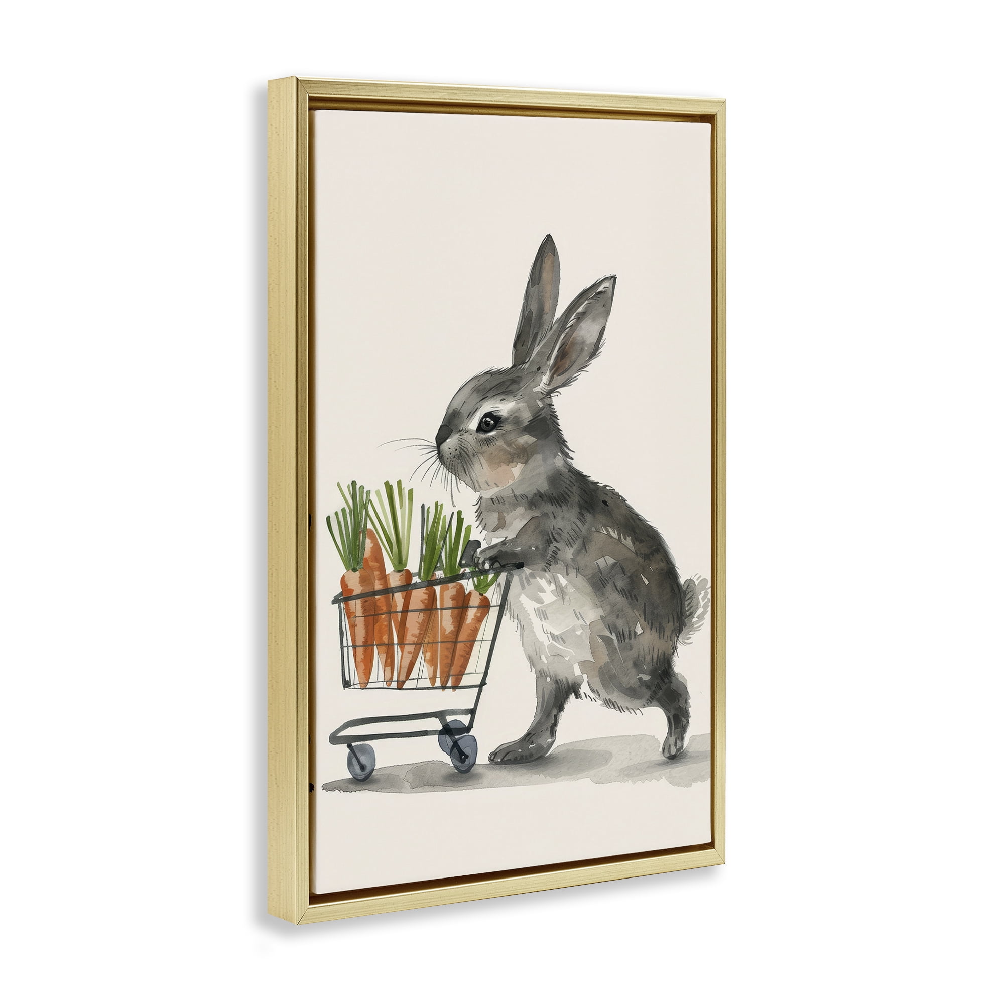 Bunny with Carrots Gold Floating Frame Canvas Art, 21 x 31, Made In USA