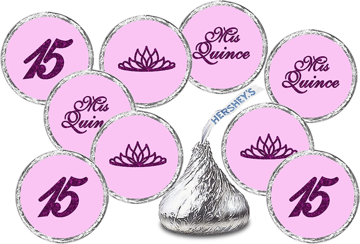 Mis Quince Birthday Purple Kisses Stickers, (Set of 216), Quinceanera Chocolate Drops Labels, 15 Party Decoration Favors Decor for Kisses