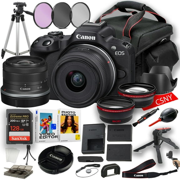 Canon EOS R50 Mirrorless Camera with 18-45mm Lens   128GB Memory   Pro Series 0.43x Af Wideangle Lens   Pro Series 2.2x Af Telephoto Lens   Filters   Tripod   More (28pc Bundle)