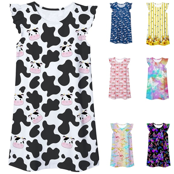Trendfront Girls Summer Sundress for Girls Cow Print V-Neck Flutter Sleeve Sleeveless Casual Loungewear Cute Soft Kids Sleepwear Clothes