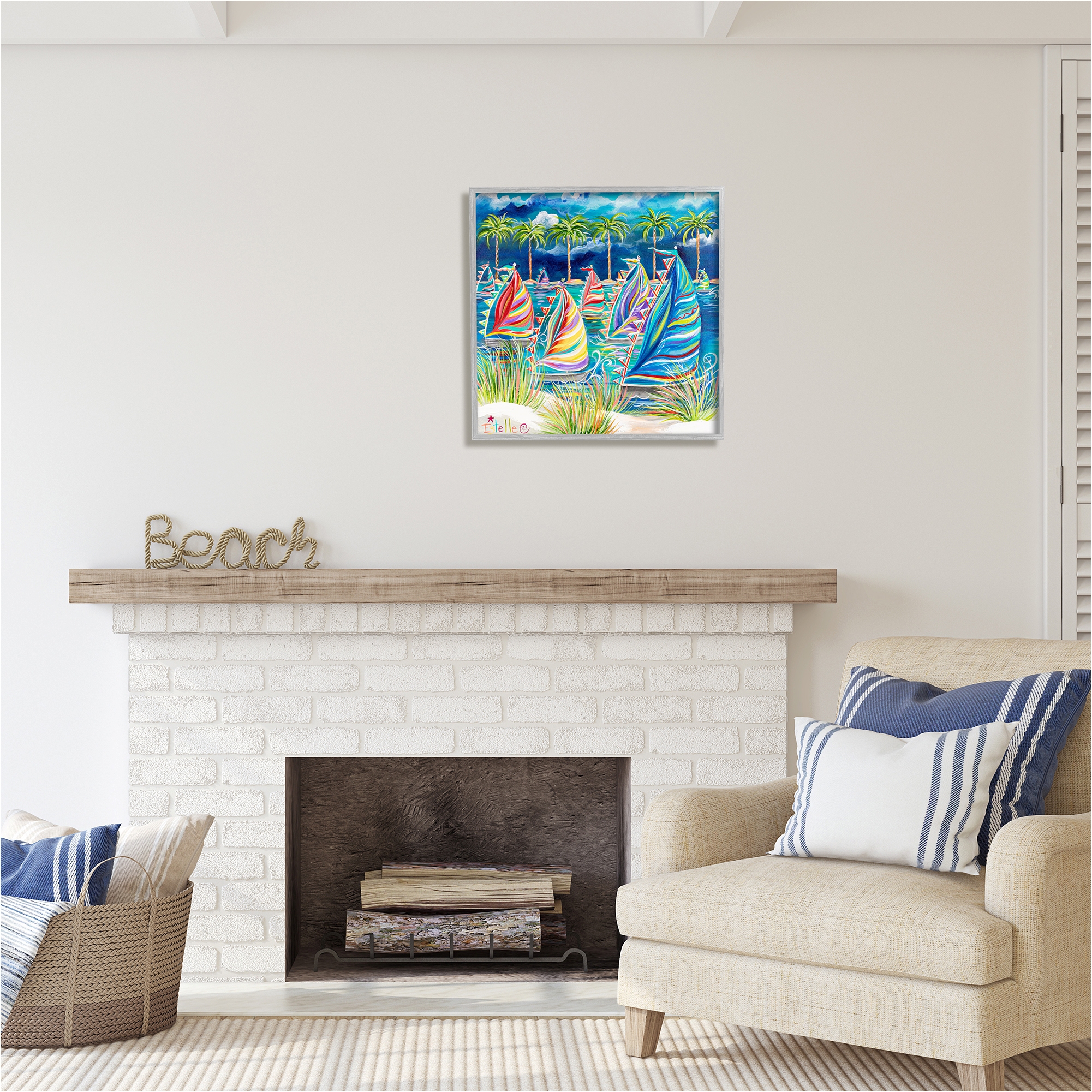 Stupell Industries Tropical Patterned Boats Transportation Painting Gray Framed Art Print Wall Art, 24 x 24