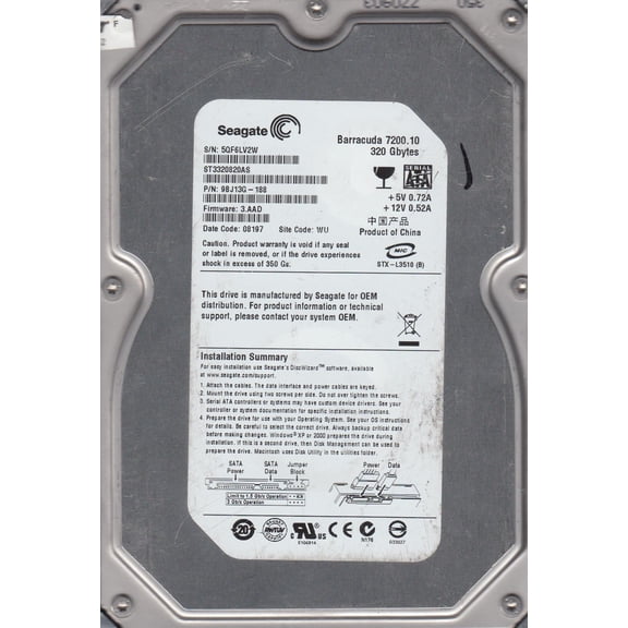 ST3320820AS, 5QF, WU, PN 9BJ13G-188, FW 3.AAD, Seagate 320GB SATA 3.5 Hard Drive