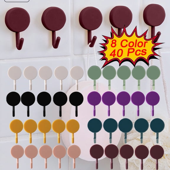 KOYPTL 40 Pcs Adhesive Hooks Cute Utility Hooks Plastic Wall Hooks for Bathroom Kitchen No-Drill Damage Easy Installation Strong Adhesive 360 Rotation Multipurpose Hooks for Hanging Hat Towel Key