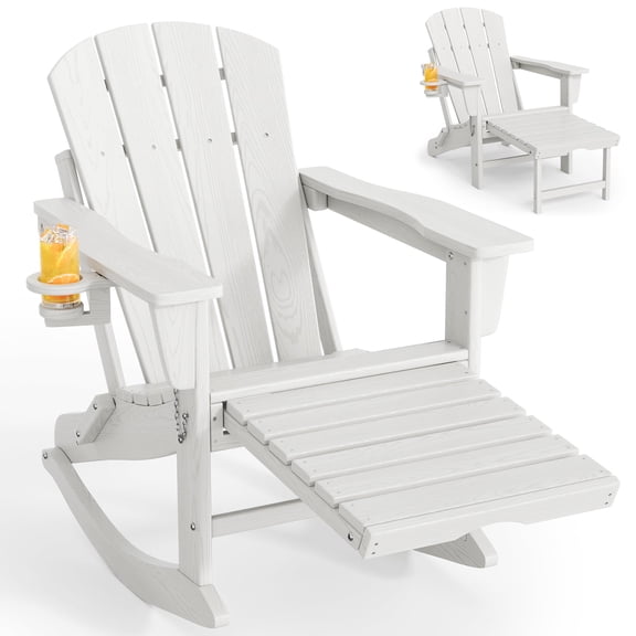 Folding Adirondack Rocking Chair with Retractable Ottoman, All-Weather HDPE Outdoor Rocking Chair, Wooden Textured with Cup Holder for patios, Decks, Gardens, fire pits,White