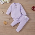 thumbnail image 2 of Baby Solid Color Clothes Set, 3 6 12 18 24M Girls Long Sleeve O-neck Jumpsuit + Elastic Waist Trousers with Bow-knot, 2 of 9