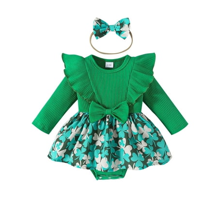 

Infant Girl Irish Shamrock Print Long Sleeve Romper with Bow Headband