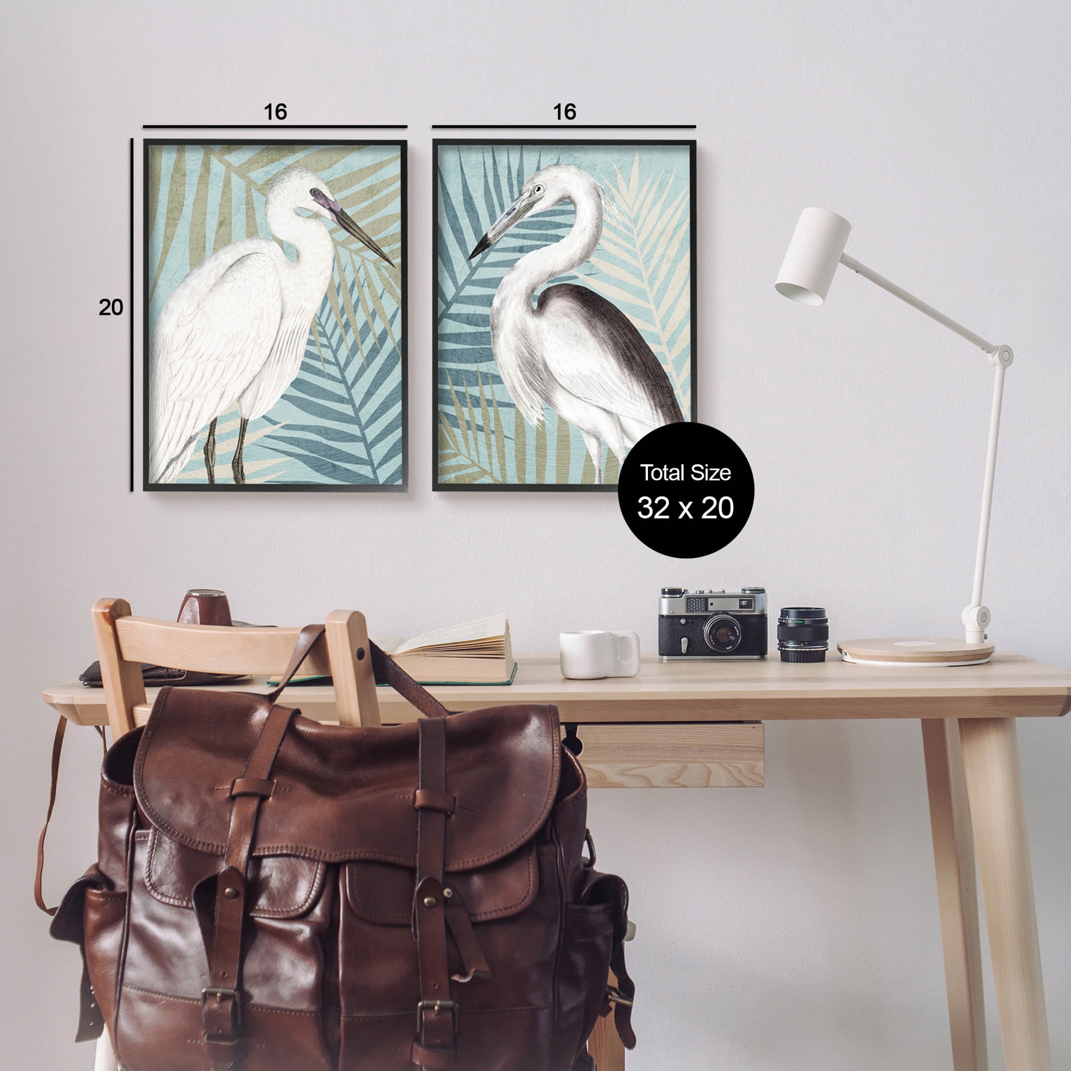Heron Birds Layered Plant Leaves Animals & Insects Graphic Art Black Framed Art Print Wall Art, Set of 2