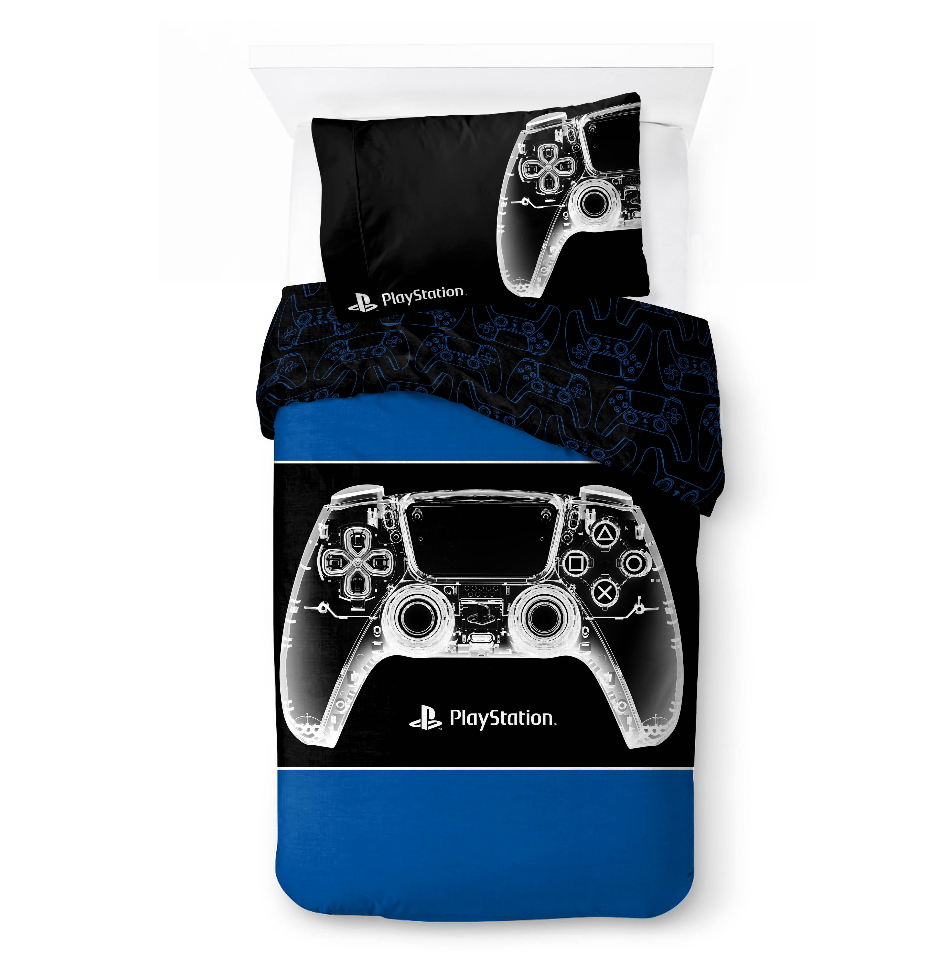 PlayStation X-Ray Kids 2 Piece Blue Reversible Comforter and Pillowcase Set, Twin/Full