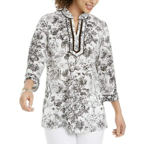 Charter Club Women's Split-Neck Tunic Bright White Combo Size XS