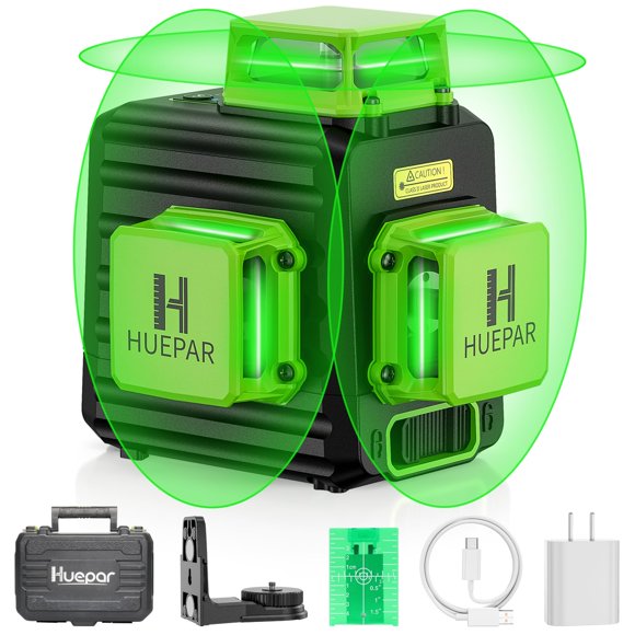 HUEPAR Laser Level 360 Self Leveling, Rechargeable 3D High Brightness Green Laser 3x360° Best Laser Leveler Tool for Construction and Picture Han