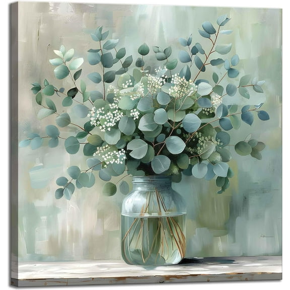 LH138HB-Unframed Eucalyptus Flower Glass Vase Canvas Wall Art Bathroom Decor Country Style Wall Decor Pictures Farmhouse Vintage Artwork Green Botanical Posters Prints for Bathroom Bedroom Decoration