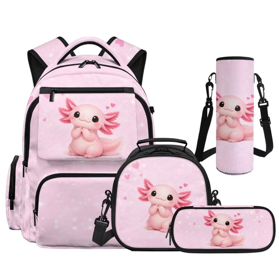 HUIACONG 4PCS Pink Heart Axolotl Elementary Backpack for Girls, 17" School Bag Set with Lunch Box for Age 7-12