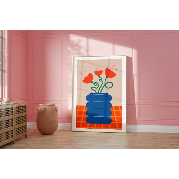 Retro Flower Poster Funky Orange & Blue Floral Art Poster Decor For Living Room Bedroom, Unframed Poster Size 8x12 F03.1.14l1856