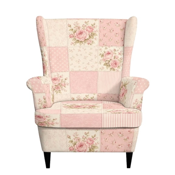 SEANATIVE Wingback Chair Cover 2 Piece Stretch Wing Chair Slipcovers Soft Spandex Stain Resistant Anti-Scratch Armchair Slipcover for Bedroom Living Room, Pink Rose Patchwork Print