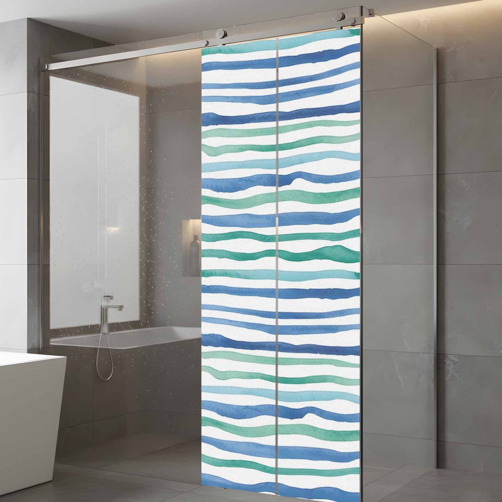 Blue Green Stripes Window Privacy Film, Abstract Art Modern Watercolor Gradient Frosted Glass Window Clings Static Cling UV Heat Blocking Reusable Door Sticker for Bathroom 23.6 x 59 Inch