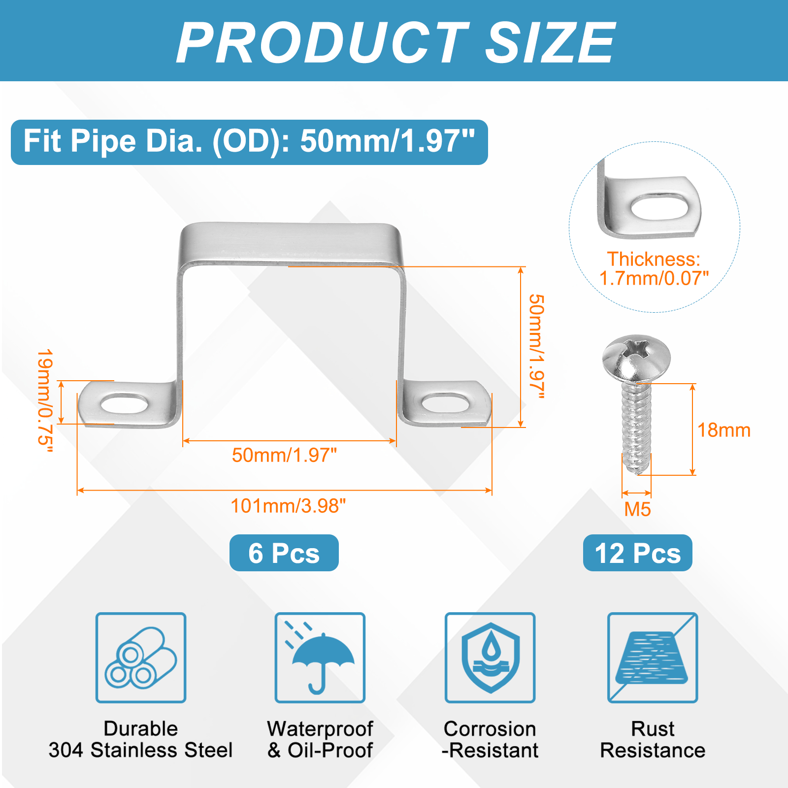 Uxcell 6pcs 2" x 2" Square Pipe Clamp, 304 Stainless Steel U Shaped Connector Bracket Heavy Duty Tube Strap Buckle with Self-Tapping Screws for Tube Installation