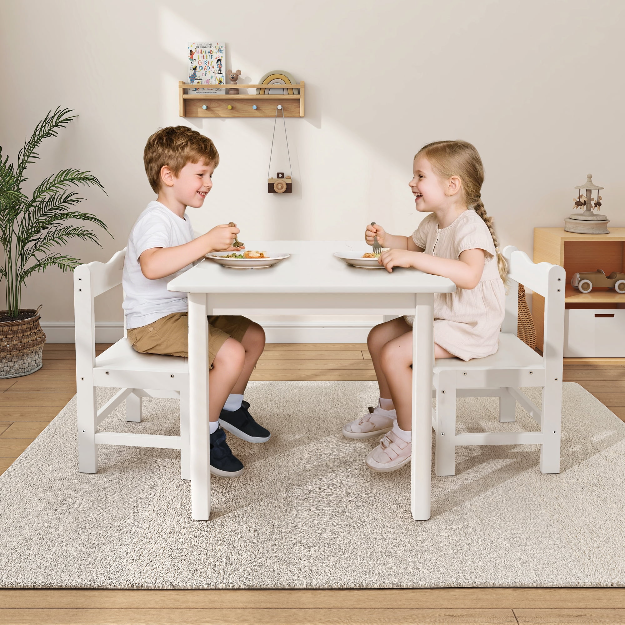 UNICOO® Wooden Kids Table and Chairs Set – 3-Piece Hard Wood Toddler Table with 2 Chairs – Playroom & Classroom Kids Desk and Chair Set for Arts, Crafts, Reading, Snacks (White)