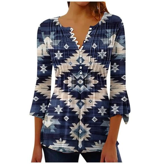 Women's Retro Tshirts Aztec Pullover Tunic Tops Button V Neck Pleated Shirt Flare 3/4 Sleeve Blouse