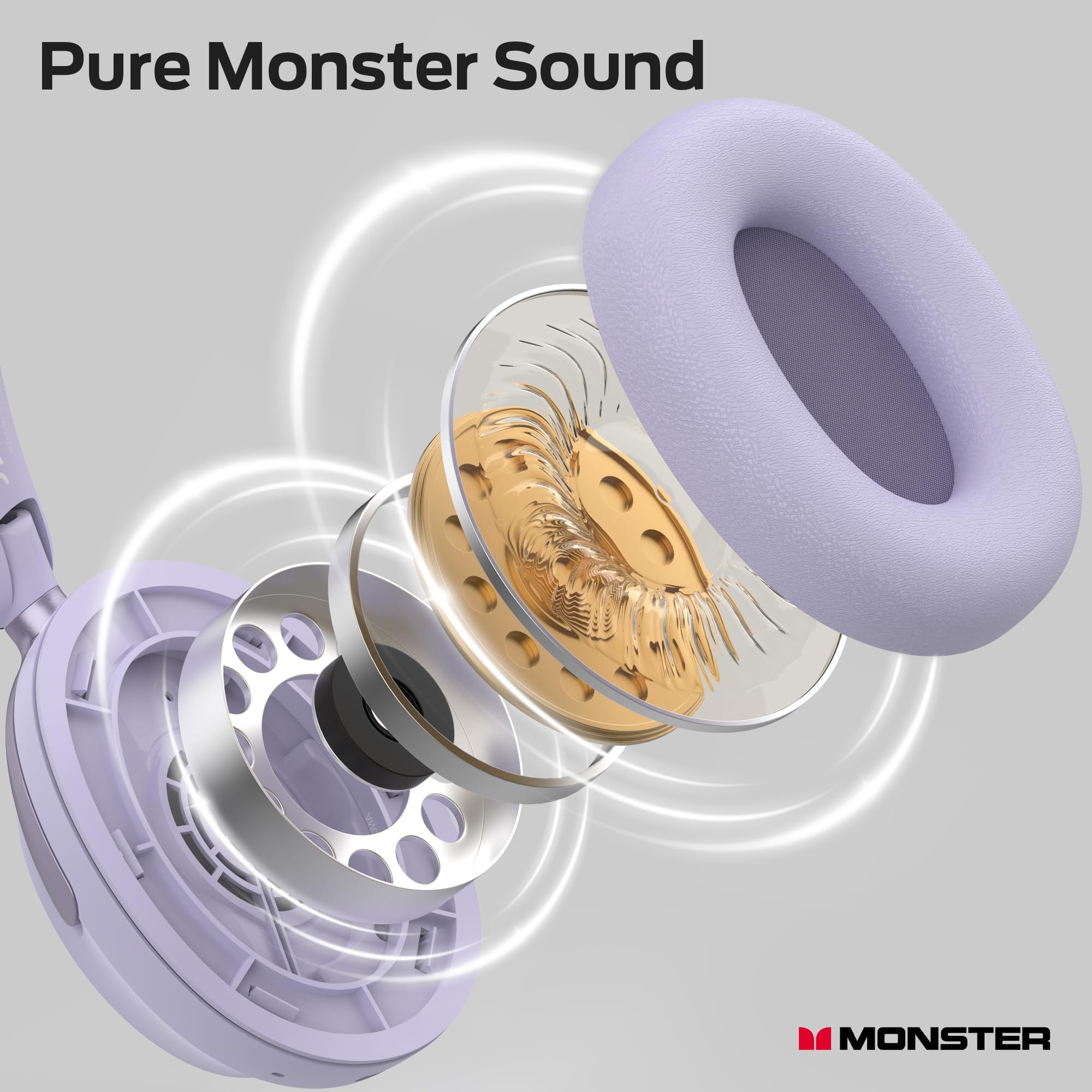 Monster Active Noise Canceling Headphones, Over-Ear Wireless Bluetooth Headphones with 6 Mics, 70H Playtime and 3 EQ Modes, Deep Bass, Foldable Comfort Design for Travel, Purple