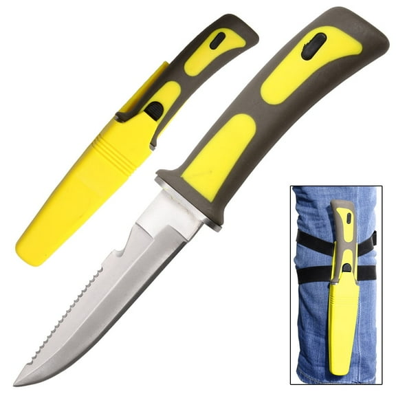 Armory Replicas Yellowtail Drop Point Diving Knife | Stainless Steel Blade with Serrated Edge, Rope Cutter, & Sheath | Waterproof Design with Rubber Straps for Underwater & Utility