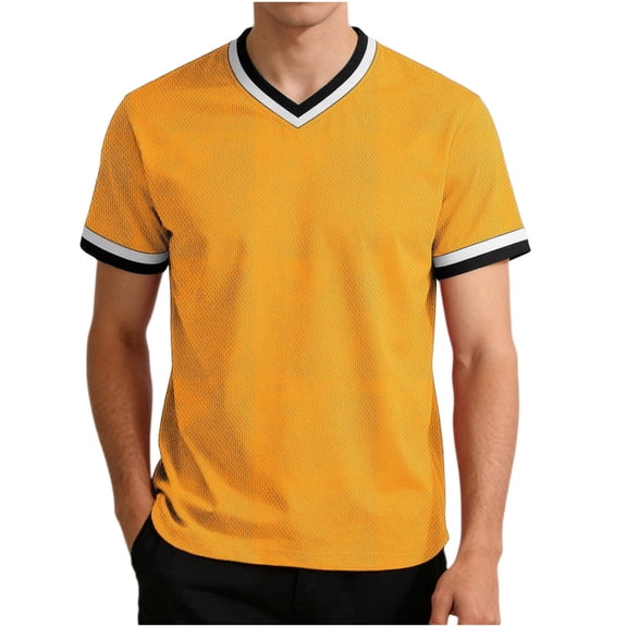 BVnarty Men's Solid Color Short Sleeve V-Neck T-Shirt Jersey Style Breathable Summer Casual Sports Daily Wear Top Yellow XXXL